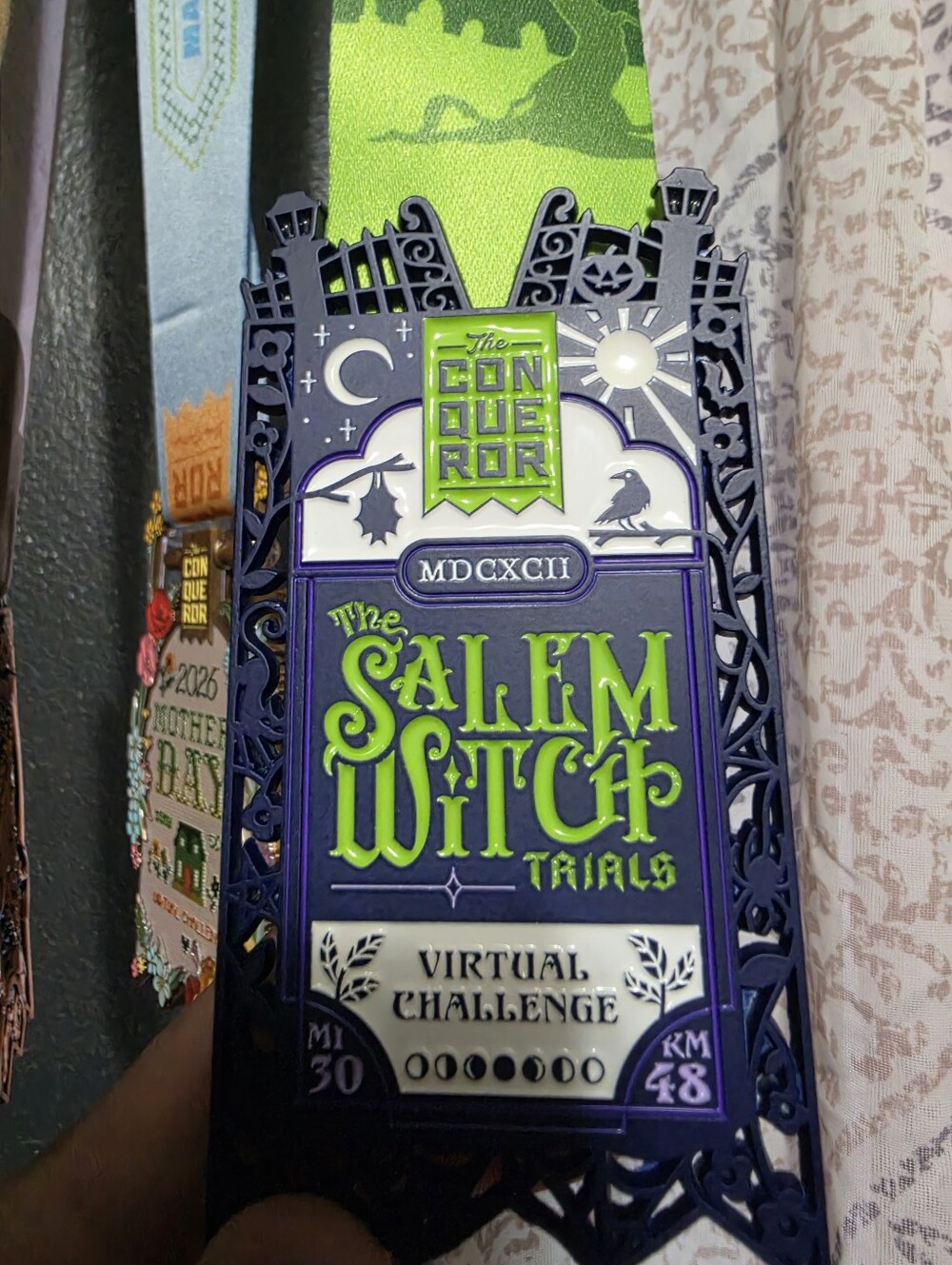 The Conqueror "The Salem Witch Trials" Medal - Neon Green & Purple